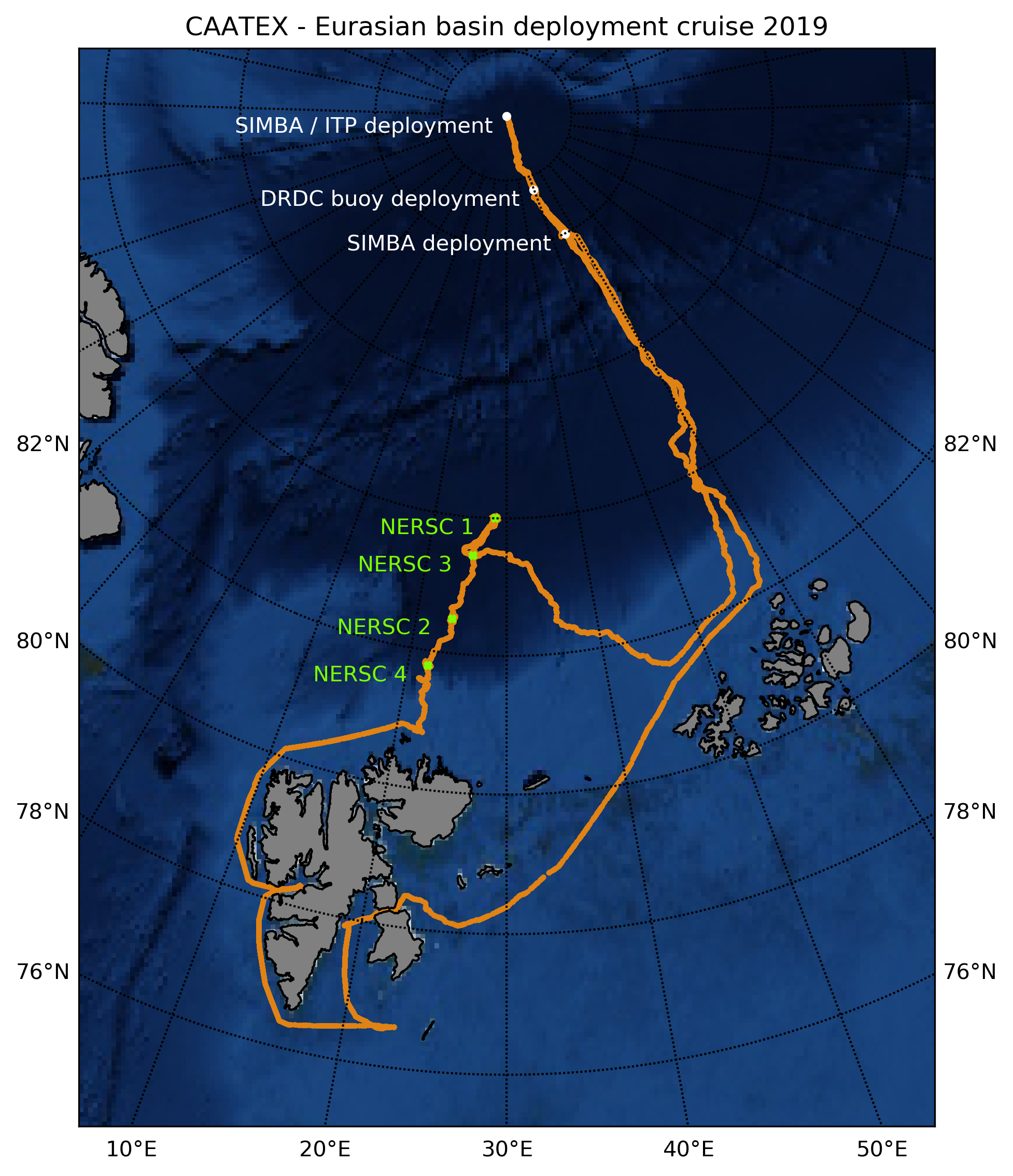 Map of the ship track and deployment locations.